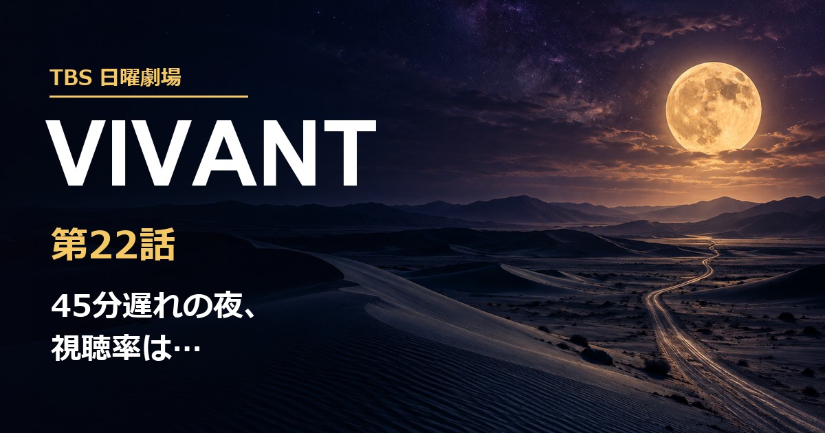 夜の砂漠に大きな月が昇る風景と、TBS日曜劇場 VIVANT 第22話 45分遅れの夜、視聴率は…の文字